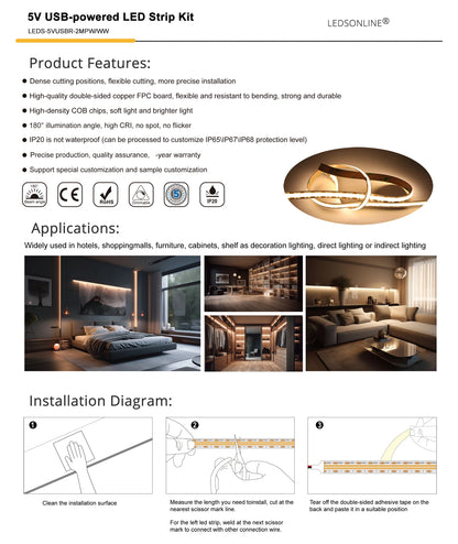Remote Control DC5V USB COB LED Light Strip 