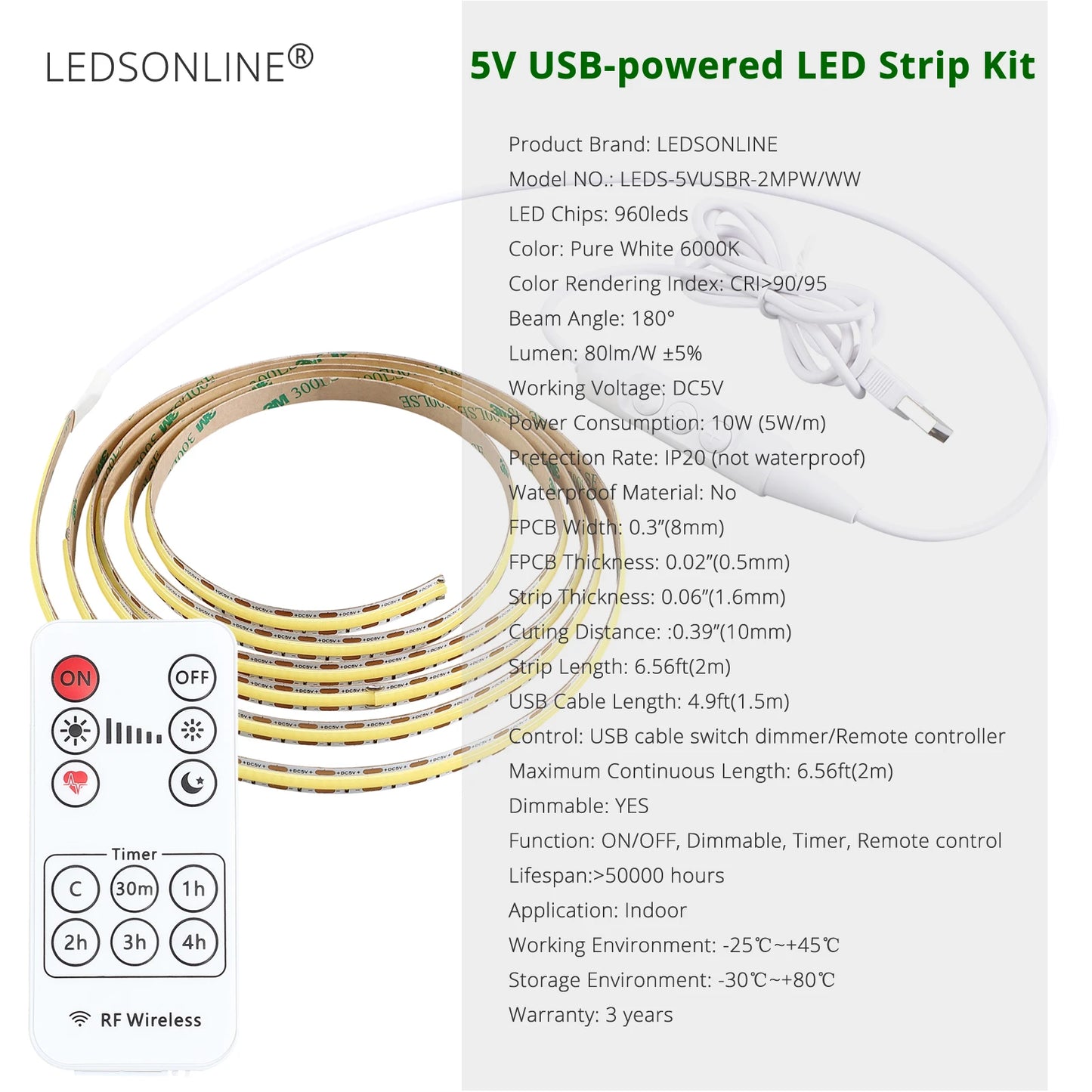 Remote Control DC5V USB COB LED Light Strip 