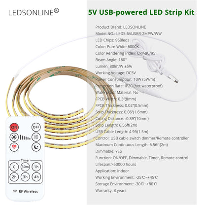 Remote Control DC5V USB COB LED Light Strip 