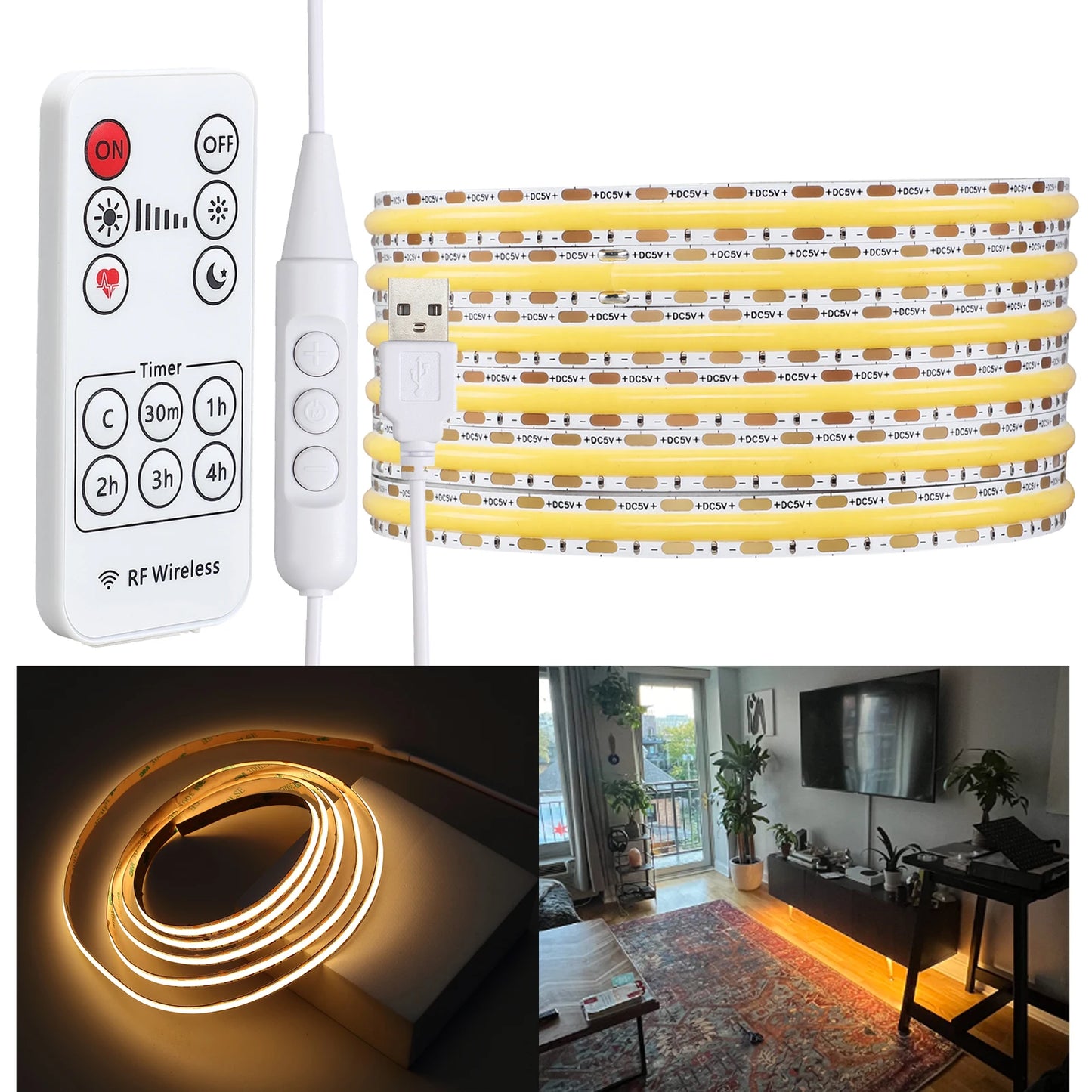 Remote Control DC5V USB COB LED Light Strip 